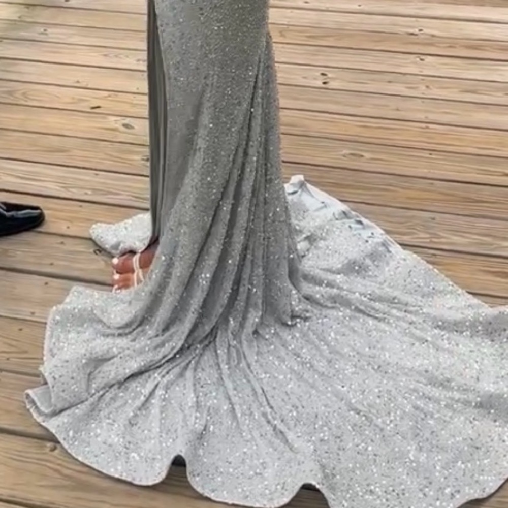 Silver Sequin Fitted Prom Dress with Train - Women's Formal Gown